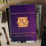 Modern 2025 gold monogram name script elegant planner<br><div class="desc">A classy elegant business or personal 2025 purple planner featuring gold copper metallic geometric monogrammed square label on a leather look background. Perfect for a stylish business image for a business corporate manager, director, fashion stylist, home interior decorator, designer, architect, beauty salon manager, makeup artist, hairstylist. Easy to personalise with...</div>