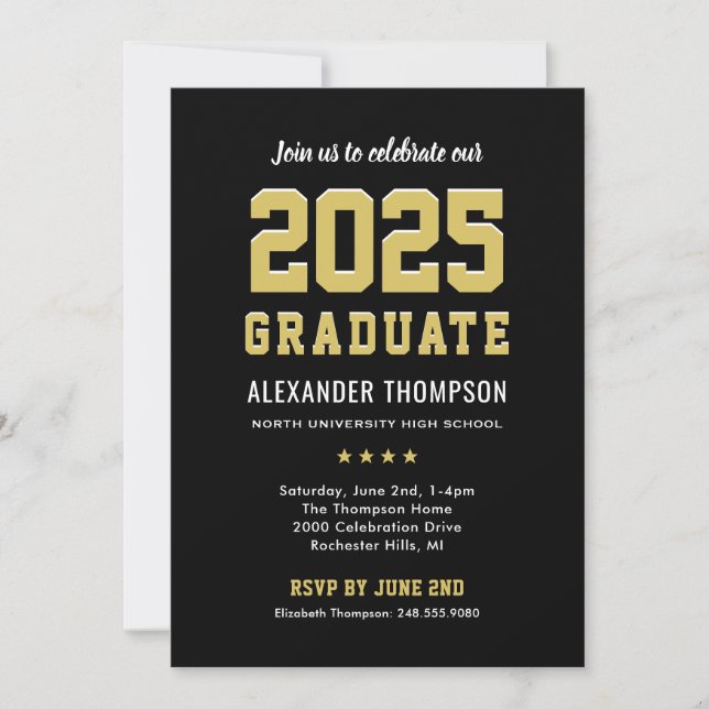 Modern 2025 Graduate Black Gold Graduation Party Invitation (Front)