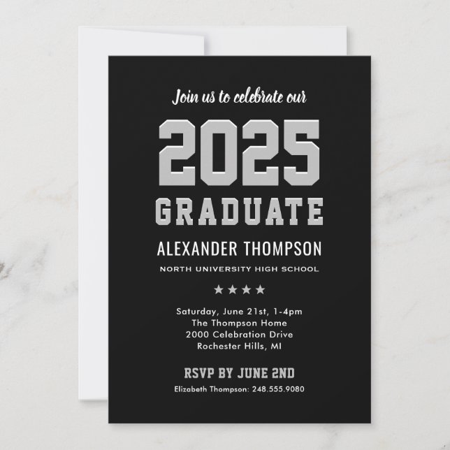 Modern 2025 Graduate Black Grey Graduation Party Invitation (Front)