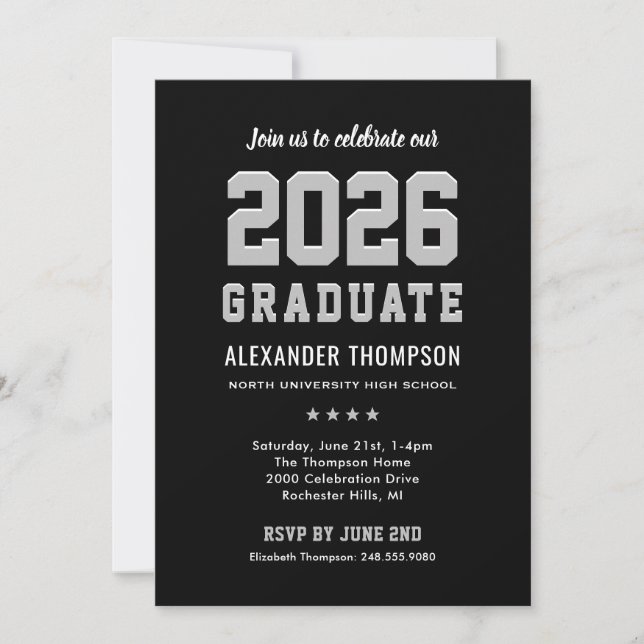 Modern 2025 Graduate Black Grey Graduation Party Invitation (Front)