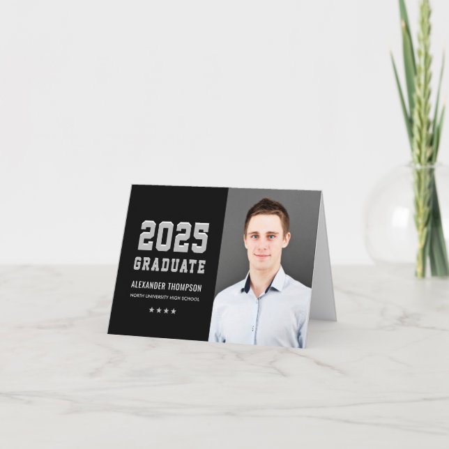 Modern 2025 Graduate Black Grey Photo Graduation Thank You Card (Front)