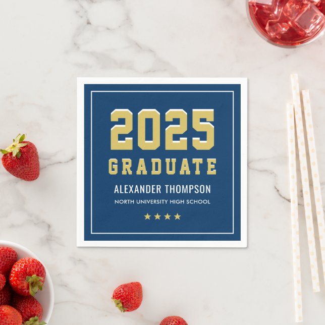 Modern 2025 Graduate Gold Navy Graduation Party Napkin (Insitu)