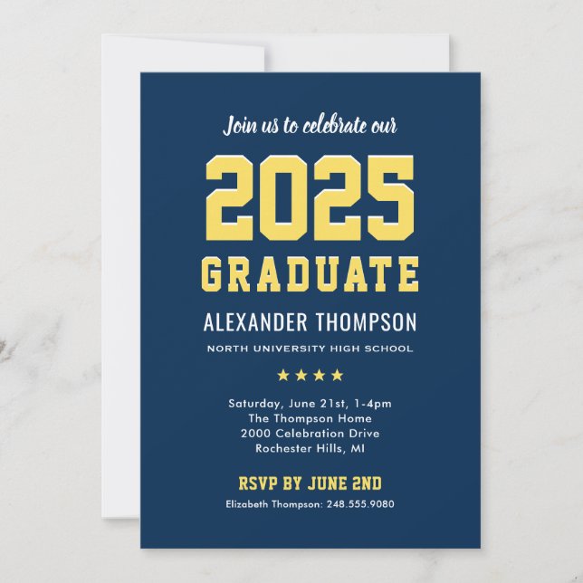 Modern 2025 Graduate Navy Yellow Graduation Party Invitation (Front)