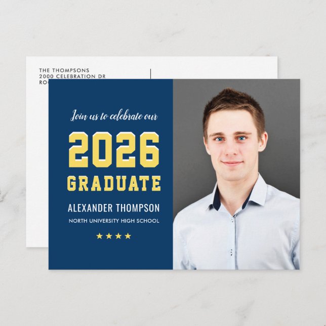 Modern 2025 Graduate Navy Yellow Photo Graduation Invitation Postcard (Front/Back)