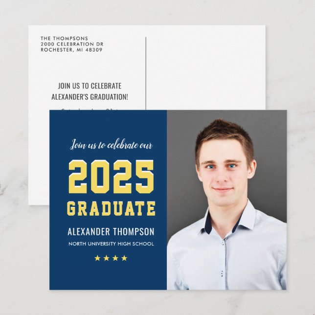 Modern 2025 Graduate Navy Yellow Photo Graduation Invitation Postcard (Front/Back)