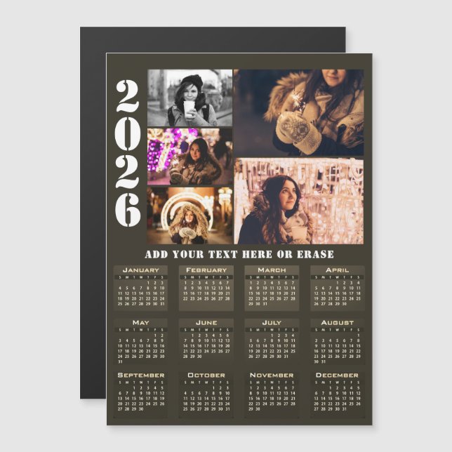 Modern 2026 Calendar 5 Photo Collage Magnet Card (Front/Back)