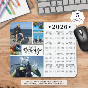 Modern 2026 Calendar 5 Photos Monogram Name Mouse Mat