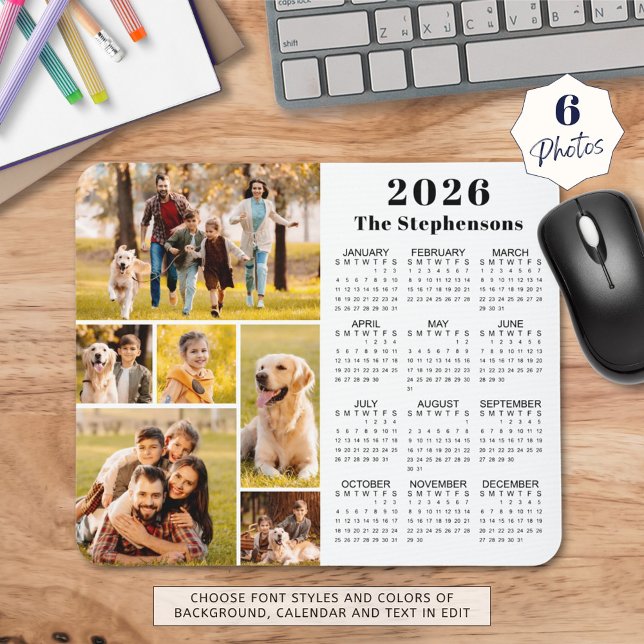 Modern 2026 Calendar 6 Photo Collage Personalised Mouse Mat (Creator Uploaded)