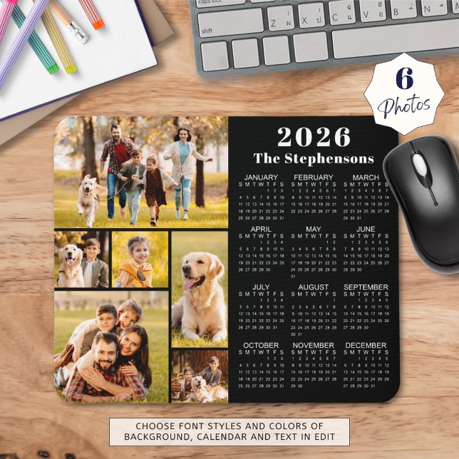 Modern 2026 Calendar 6 Photo Collage Personalized Mouse Mat (Creator Uploaded)