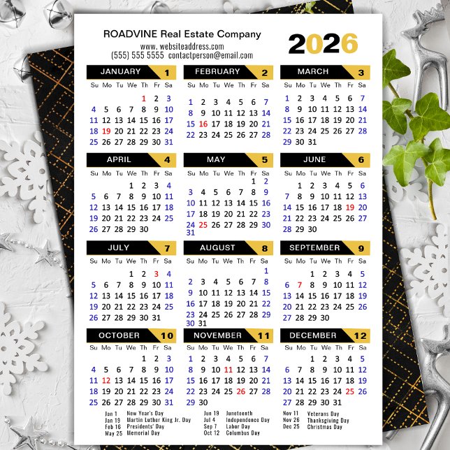Modern 2026 Calendar Business Gold Black Corporate Holiday Card (Creator Uploaded)