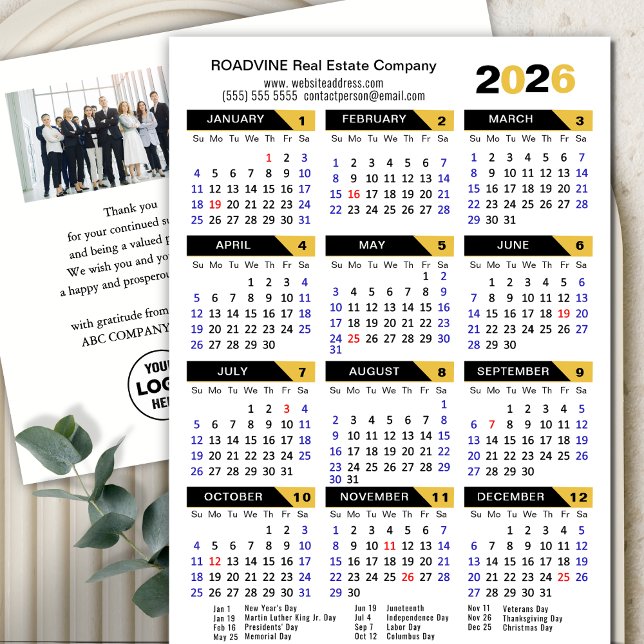 Modern 2026 Calendar Business Photo Gold Black Holiday Postcard (Creator Uploaded)