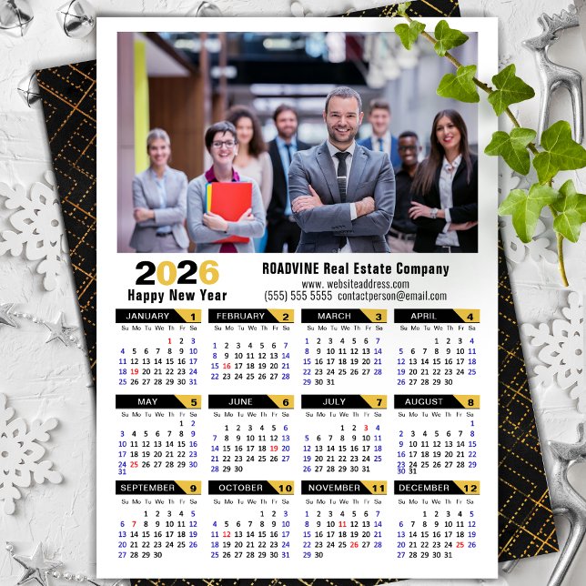 Modern 2026 Calendar Corporate Photo Black Gold Holiday Card (Creator Uploaded)