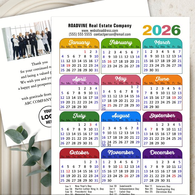 Modern 2026 Calendar Corporate Photo Logo Colourfu Holiday Postcard (Creator Uploaded)