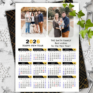 Modern 2026 Calendar Family 2 Photo Black Gold Holiday Card