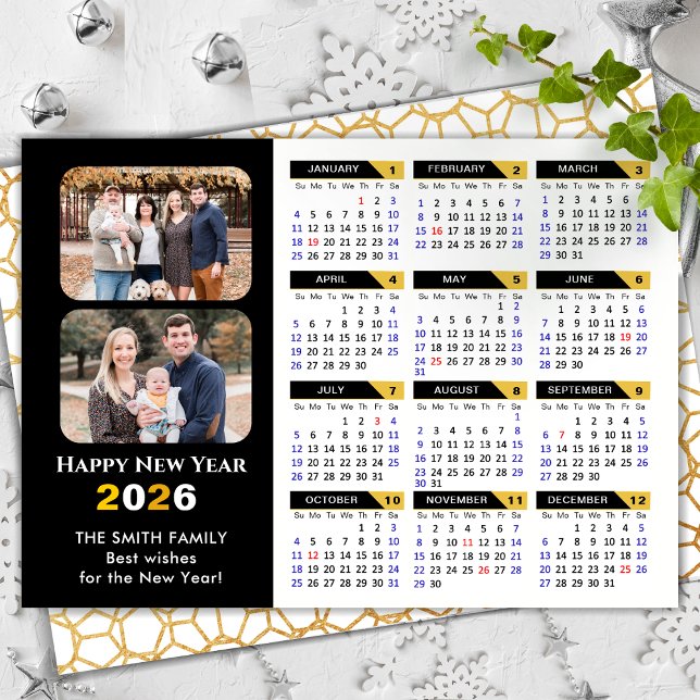 Modern 2026 Calendar Family 2 Photo Black Gold Holiday Card (Creator Uploaded)