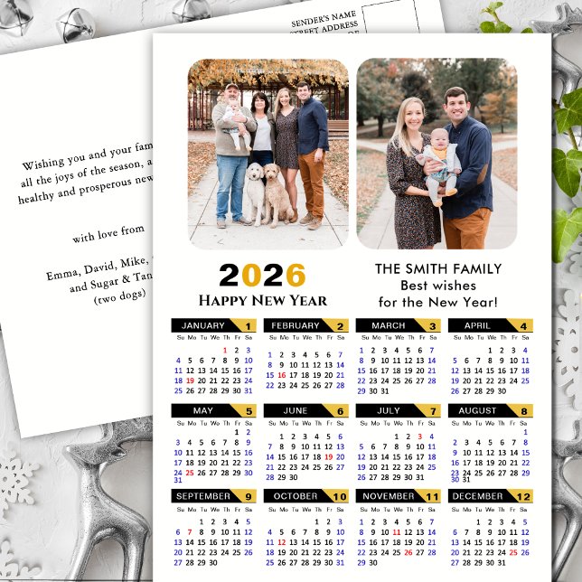 Modern 2026 Calendar Family 2 Photo Black Gold Holiday Postcard (Creator Uploaded)