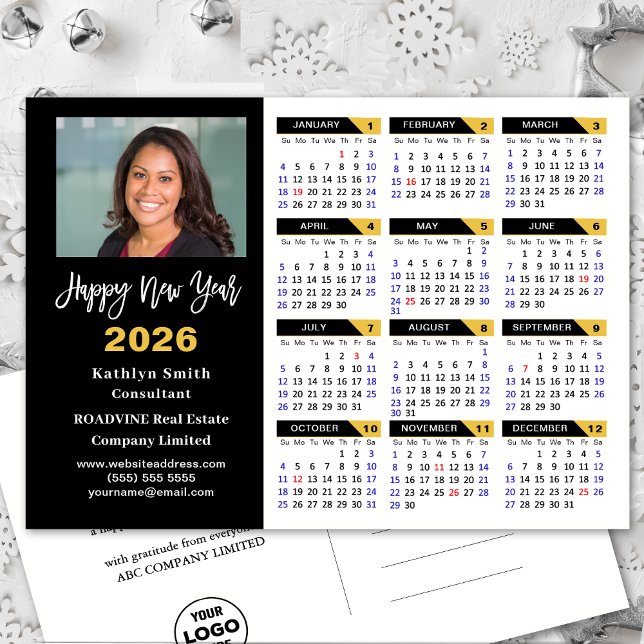 Modern 2026 Calendar Gold Black Business Photo Holiday Postcard (Creator Uploaded)