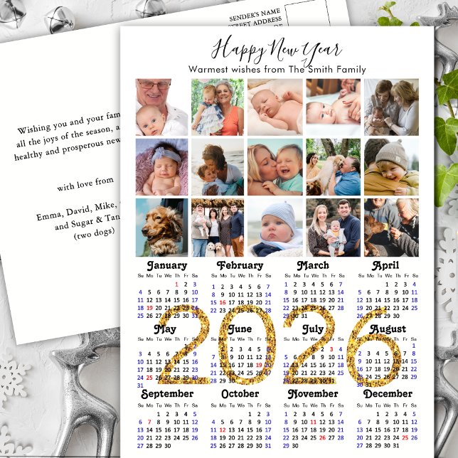 Modern 2026 Calendar Gold Script 15 Photo Collage Holiday Postcard (Creator Uploaded)