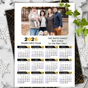 Modern 2026 Calendar Photo Black Gold Minimalist Holiday Card