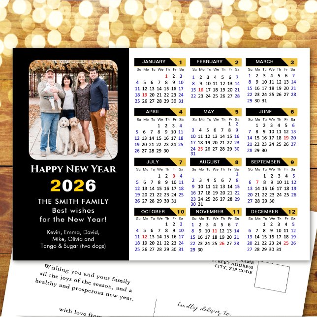Modern 2026 Calendar Photo Black Gold Minimalist Holiday Postcard (Creator Uploaded)