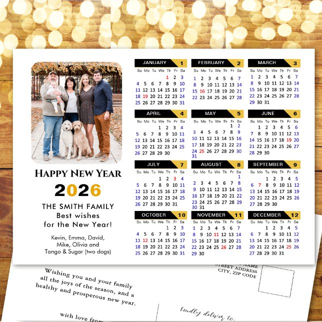 Modern 2026 Calendar Photo Black Gold Minimalist Holiday Postcard (Creator Uploaded)