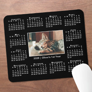 Modern 2026 Calendar Your Photo Name on Black Mouse Mat