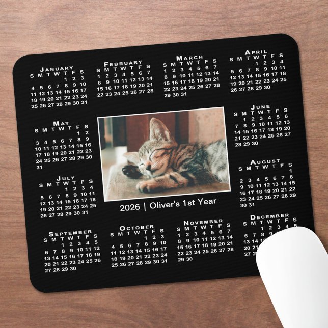 Modern 2026 Calendar Your Photo Name on Black Mouse Mat (Modern 2026 Calendar Your Photo Name on Black Mouse Pad, in situ)