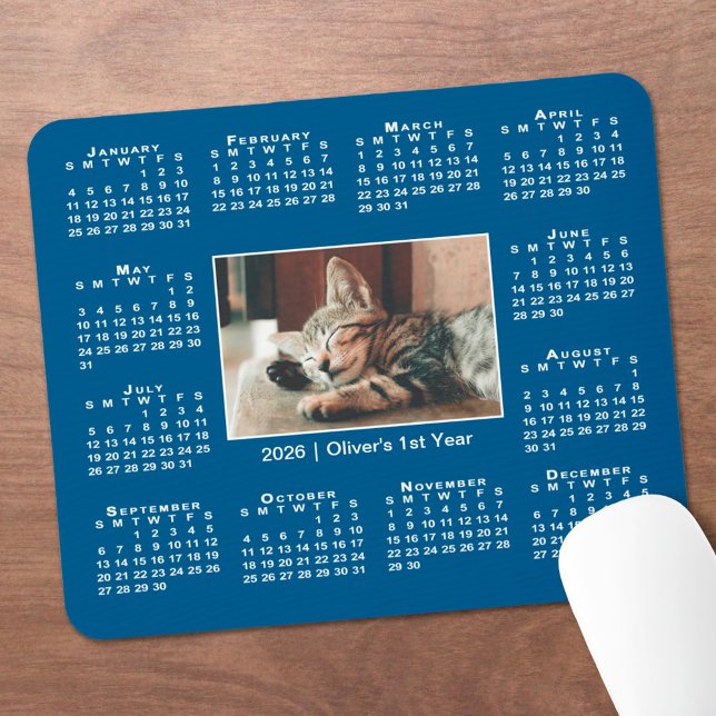 Modern 2026 Calendar Your Photo Name on Blue Mouse Mat (Modern 2026 Calendar Your Photo Name on Blue Mouse Pad, in situ)