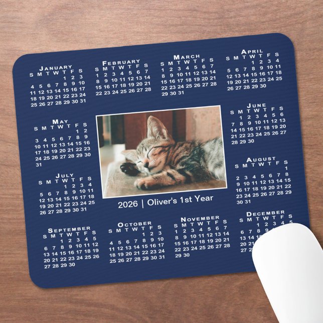 Modern 2026 Calendar Your Photo Name on Navy Blue Mouse Mat (Modern 2026 Calendar Your Photo Name on Navy Blue Mouse Pad, in situ)
