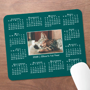Modern 2026 Calendar Your Photo Name on Teal Mouse Mat