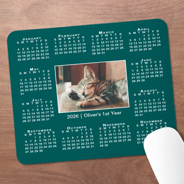 Modern 2026 Calendar Your Photo Name on Teal Mouse Mat (Modern 2026 Calendar Your Photo Name on Teal Mouse Pad, in situ)