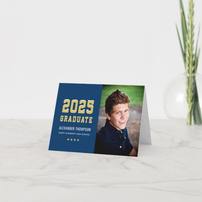 Modern 2026 Graduate Navy Gold Photo Graduation Thank You Card (Front)