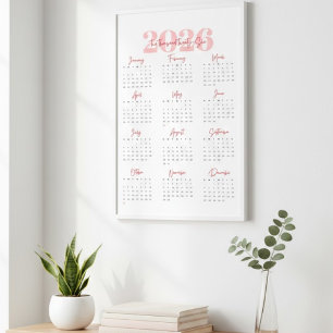 Modern 2026 Wall Calendar   Pink & Red Minimalist  Poster