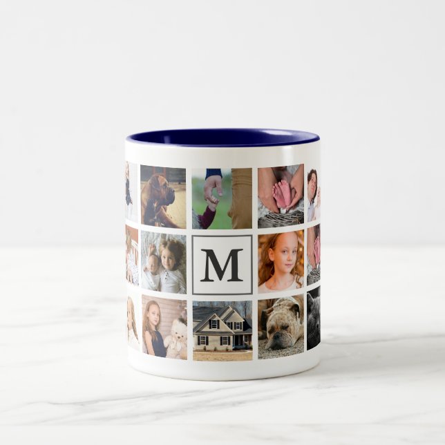 Modern 20 Family Photo Collage | Monogram Two-Tone Coffee Mug (Center)
