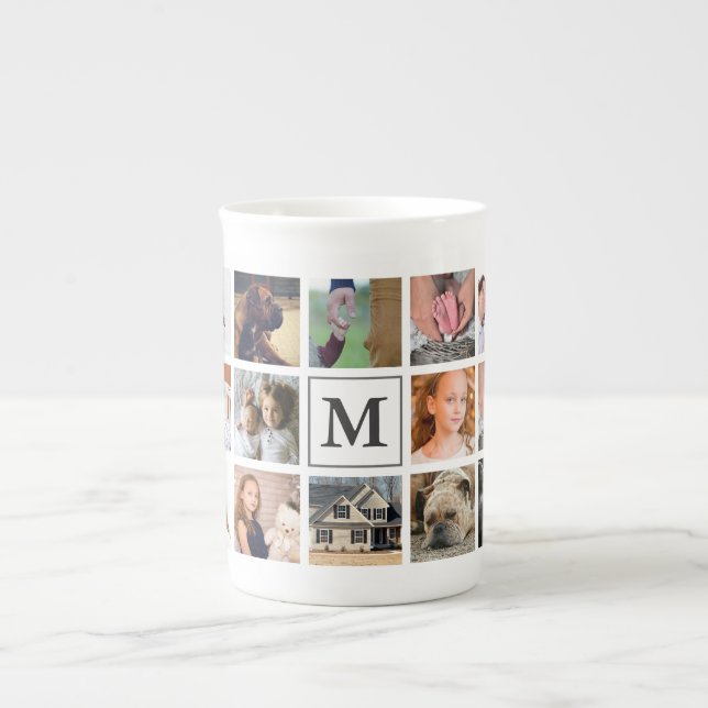 Modern 20 Photo  Collage | Monogram Bone China Mug (Front)