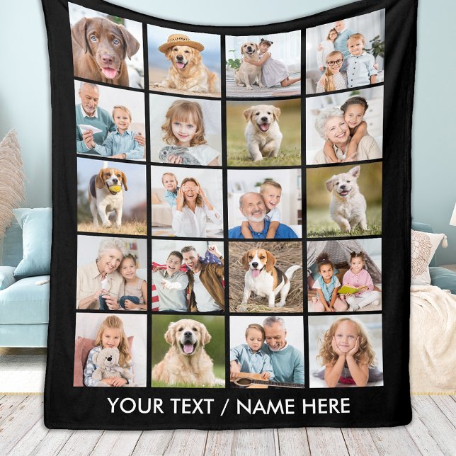Modern 20 Photo Collage Personalised Black Medium Fleece Blanket (Creator Uploaded)