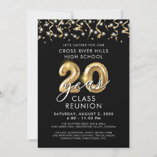 Modern 20 Year Class Reunion Black Gold Balloon Invitation