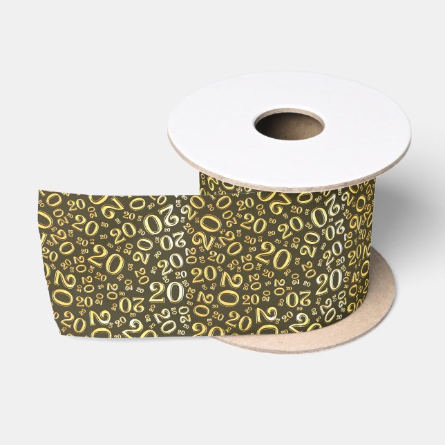 Modern 20th Birthday Number Pattern Black/Gold  Satin Ribbon (Spool)