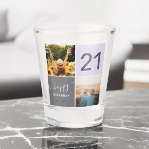 Modern 21 birthday purple 2 photo collage grid shot glass