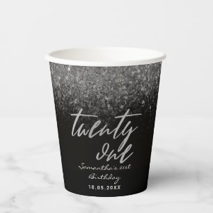 Modern 21st Birthday Black and Silver Glitter Paper Cups