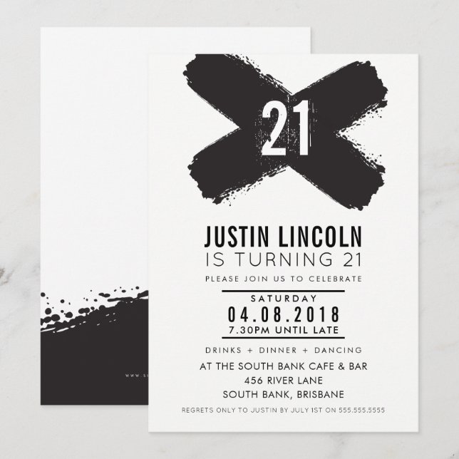 MODERN 21st birthday party black brush strokes Invitation (Front/Back)
