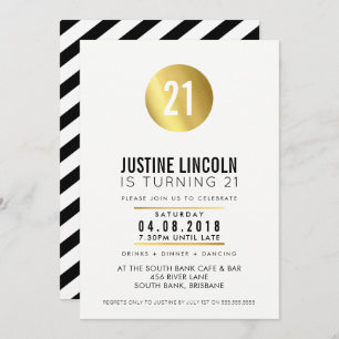 MODERN 21ST birthday party INVITE gold spot black