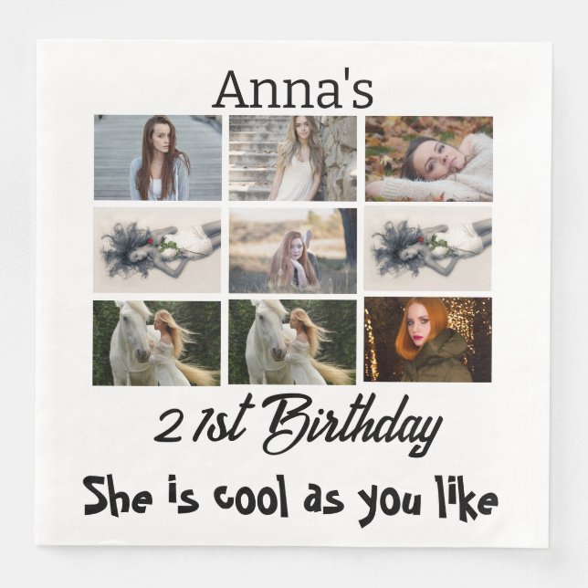 Modern 21st Birthday personalised 9 Photo Collage Napkin (Front)
