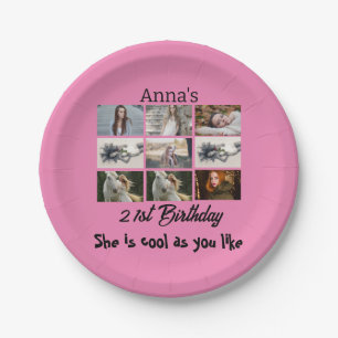 Modern 21st Birthday personalised 9 Photo Collage Paper Plate