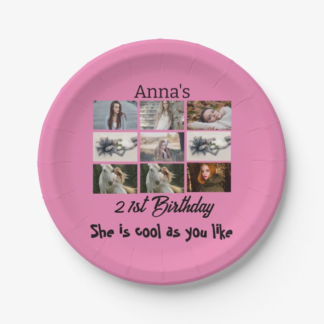 Modern 21st Birthday personalised 9 Photo Collage Paper Plate (Front)