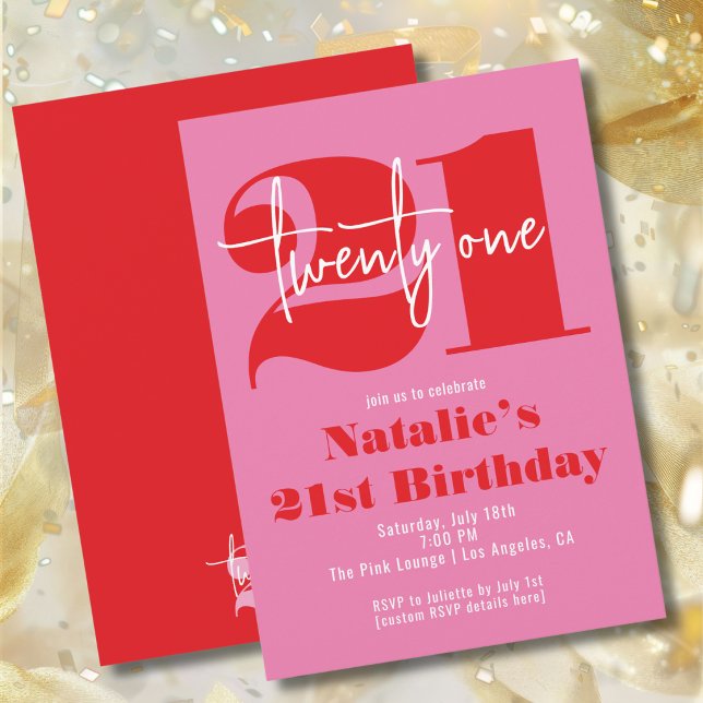 Modern 21st Birthday Pink Red Bold Typography Invitation (Creator Uploaded)