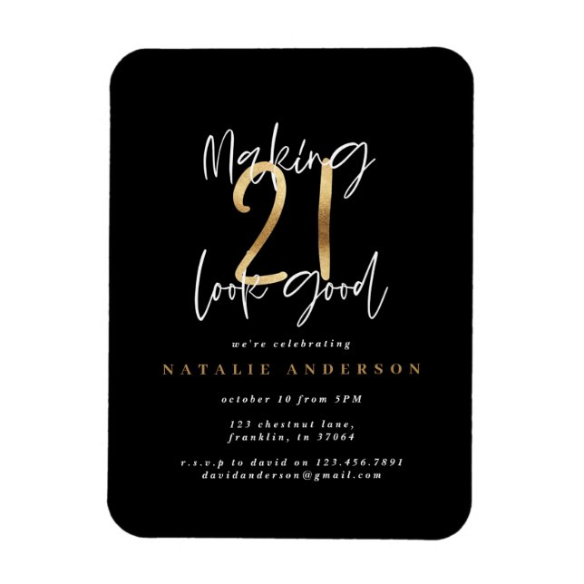 Modern 21st birthday typography black and gold magnet (Vertical)