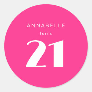 Modern 21st Twenty One Hot Pink Birthday Party Classic Round Sticker