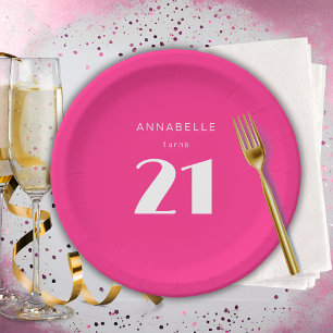 Modern 21st Twenty One Hot Pink Birthday Party Paper Plate