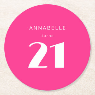 Modern 21st Twenty One Hot Pink Birthday Party Round Paper Coaster